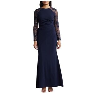 NEW ELIZA J Sequin Embroidered Long Illusion Sleeve Gown in Navy Blue‎ Size 8